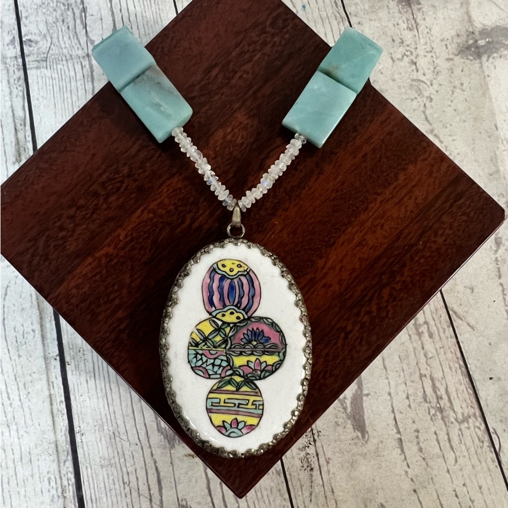 Vintage Blue Stone Necklace Oval Pottery Pendant hand-painted Ceramic Metal OOAK - Picture 15 of 16